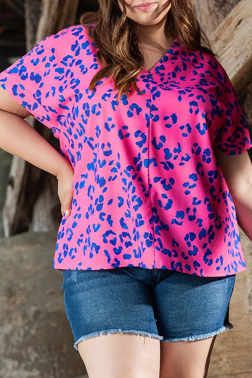 Rose Contrast Leopard Print Plus Size V Neck Blouse - Chic Meadow Boutique 