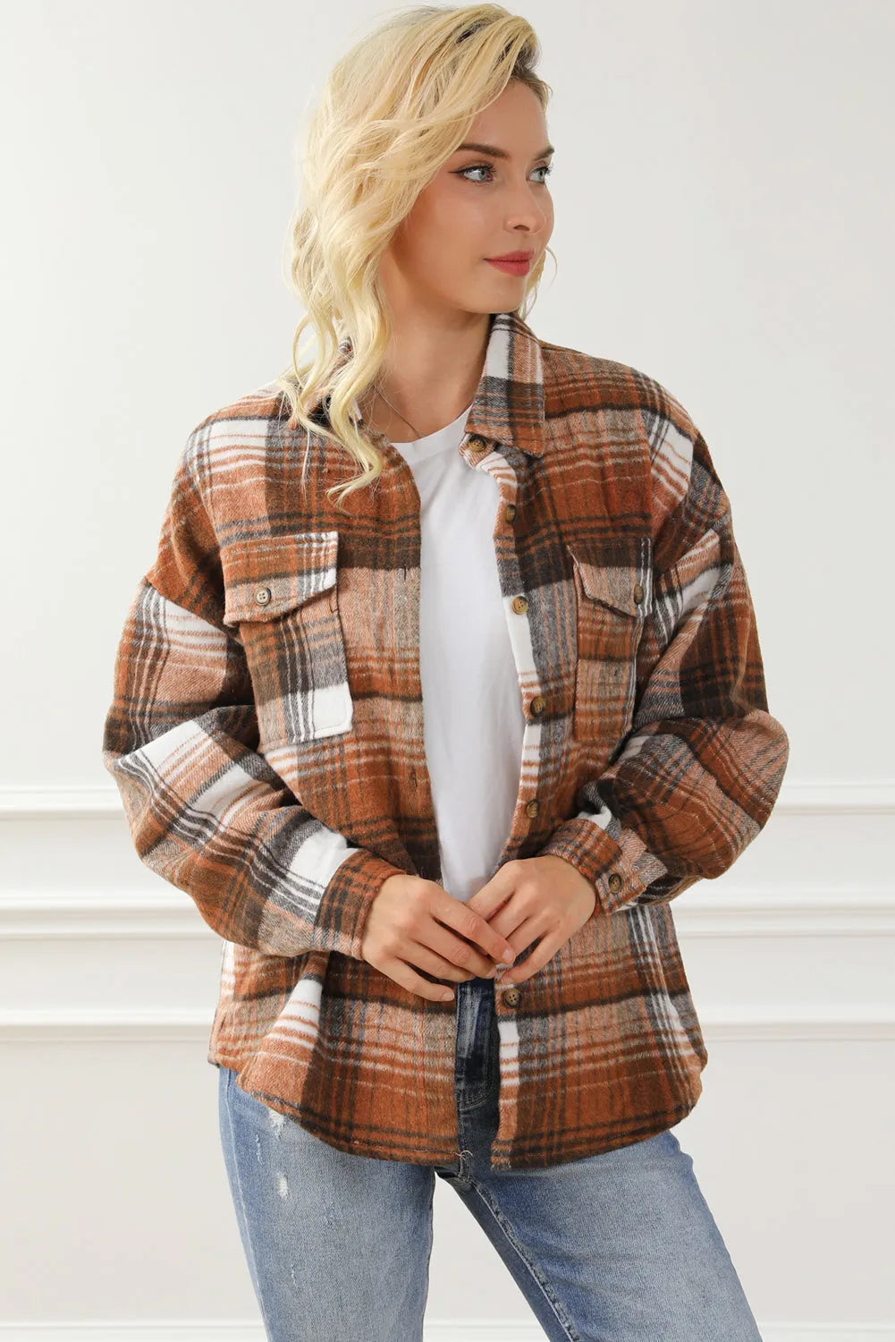 Brown Plaid Flap Pockets Shacket - Chic Meadow Boutique 