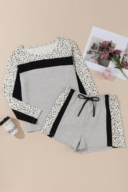 Gray Leopard Colorblock Patchwork Pullover and Shorts Set