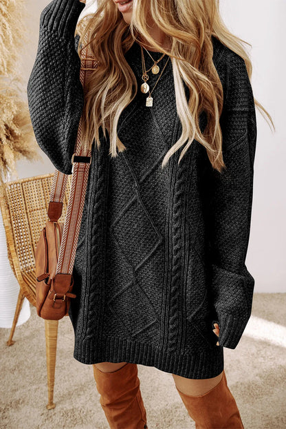 Black Cable Knit Drop Shoulder Loose Fit Sweater Dress - Chic Meadow Boutique 