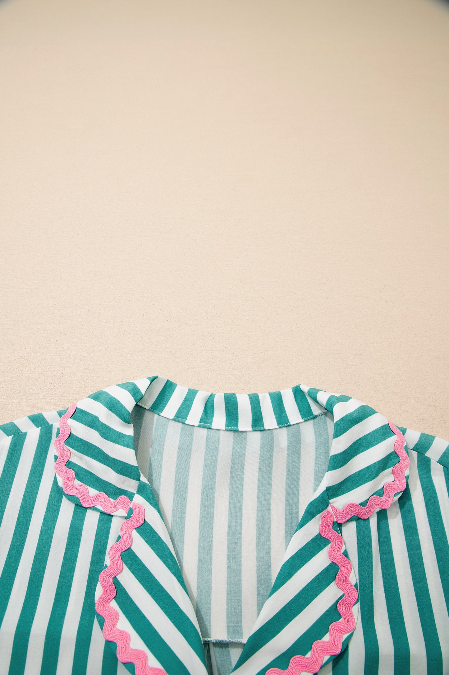 Green Stripe Contrast Ricrac Trim Long Sleeve Shirt Drawstring Ruffled Pajama Short Set