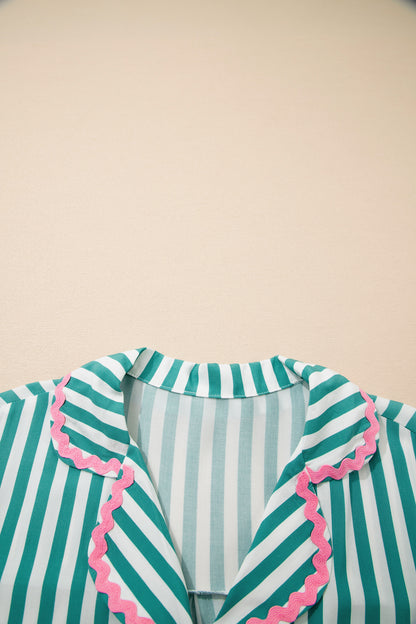 Green Stripe Contrast Ricrac Trim Long Sleeve Shirt Drawstring Ruffled Pajama Short Set