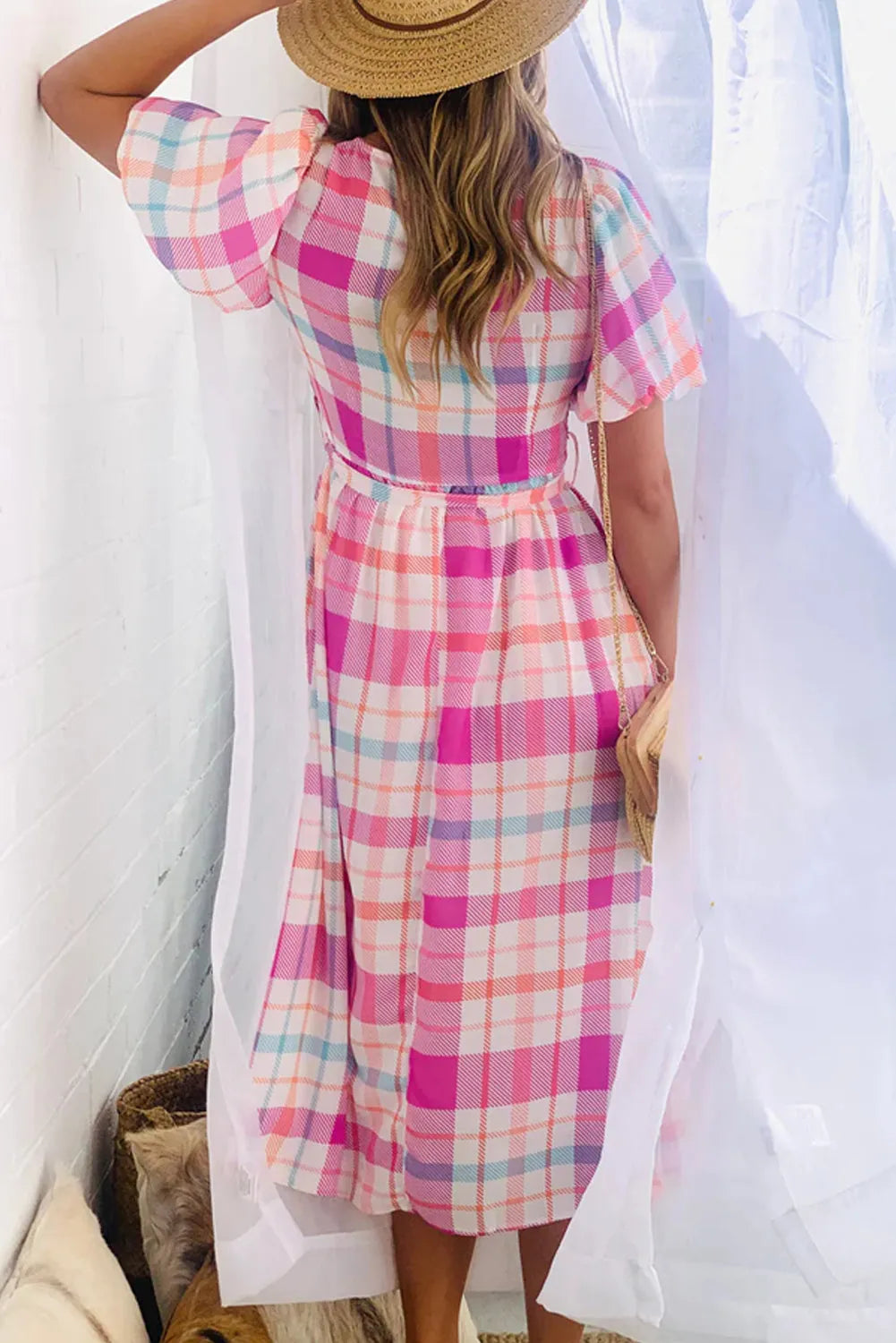 Pink Checkered Puff Sleeve Belted Midi Dress - Chic Meadow Boutique 