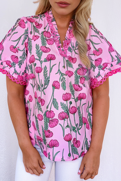 Pink Floral Lace Detail Frilled V Neck Summer Blouse