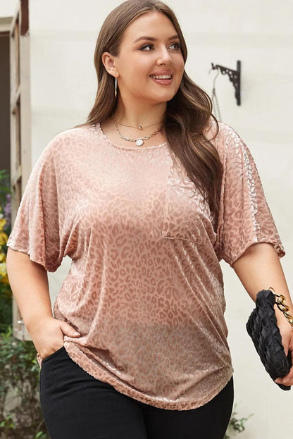 Plus Size/Plus Size Tops/Plus Size Tops & Tees Khaki / 1X / 70%Polyester+20%Polyamide+10%Elastane Khaki Leopard Print Plus Size T-shirt