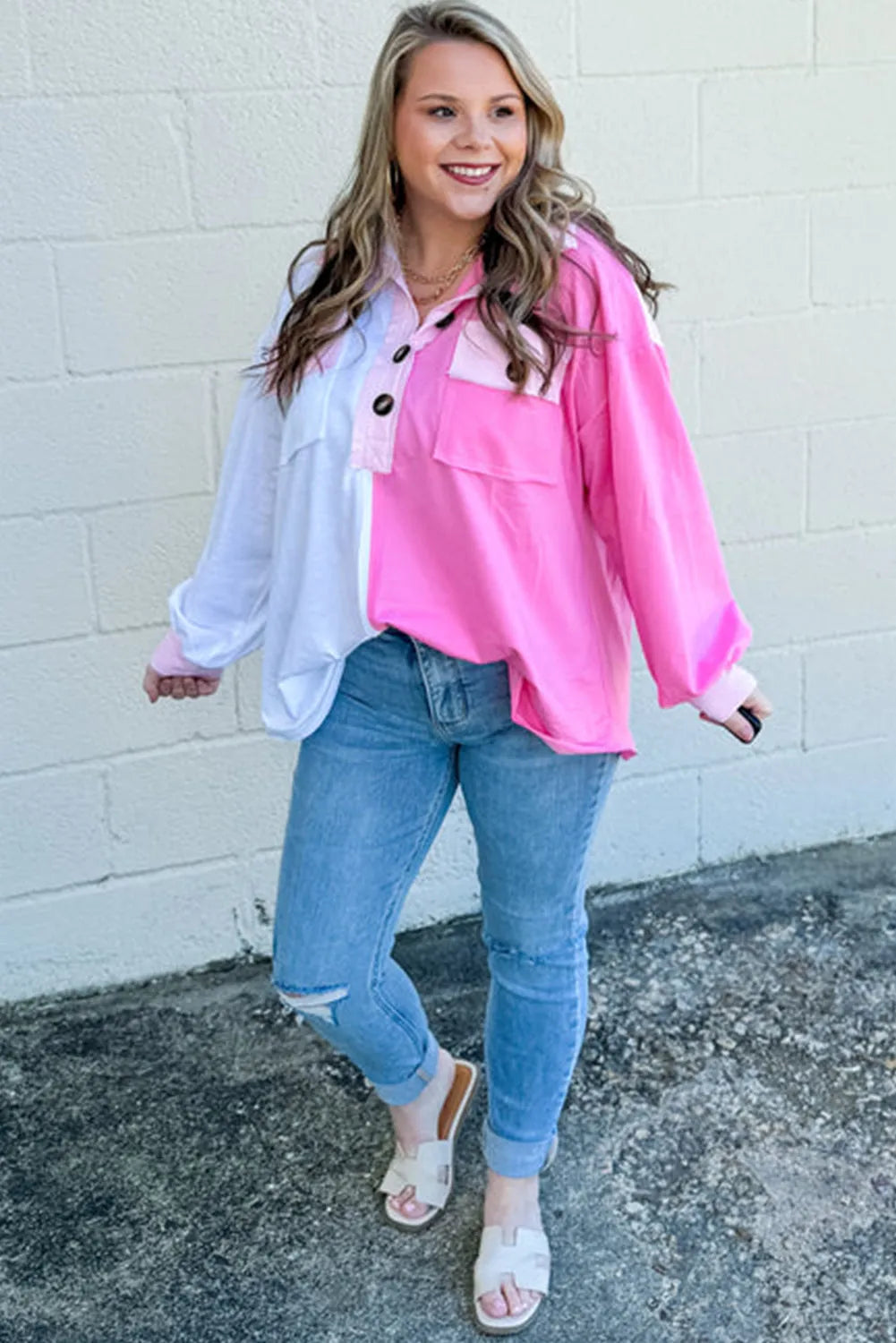 Bonbon Color Block Chest Pockets Half Button Plus Size Sweatshirt - Chic Meadow Boutique 