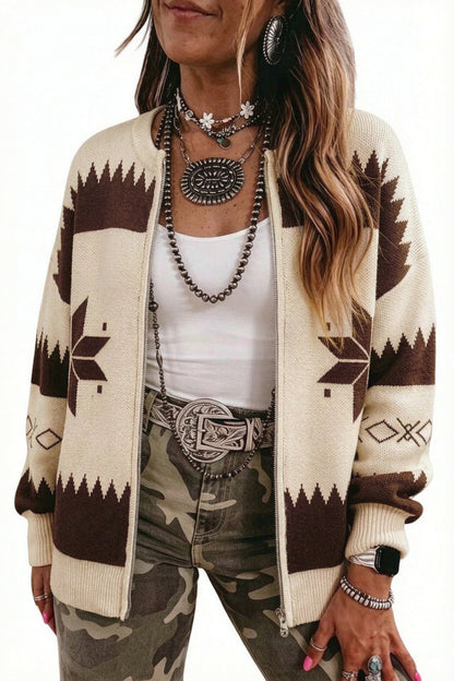 Beige Western Geometric Print Zip Front Loose Sweater Cardigan