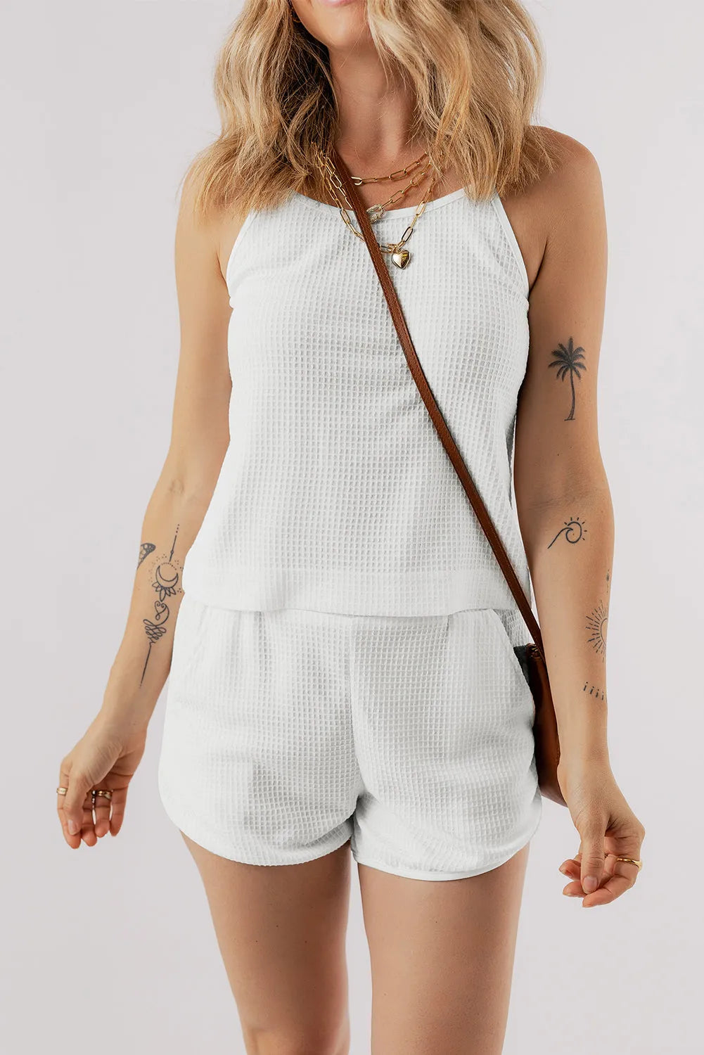 White Waffle Knit Textured Spaghetti Straps Cami and Shorts Set - Chic Meadow Boutique 