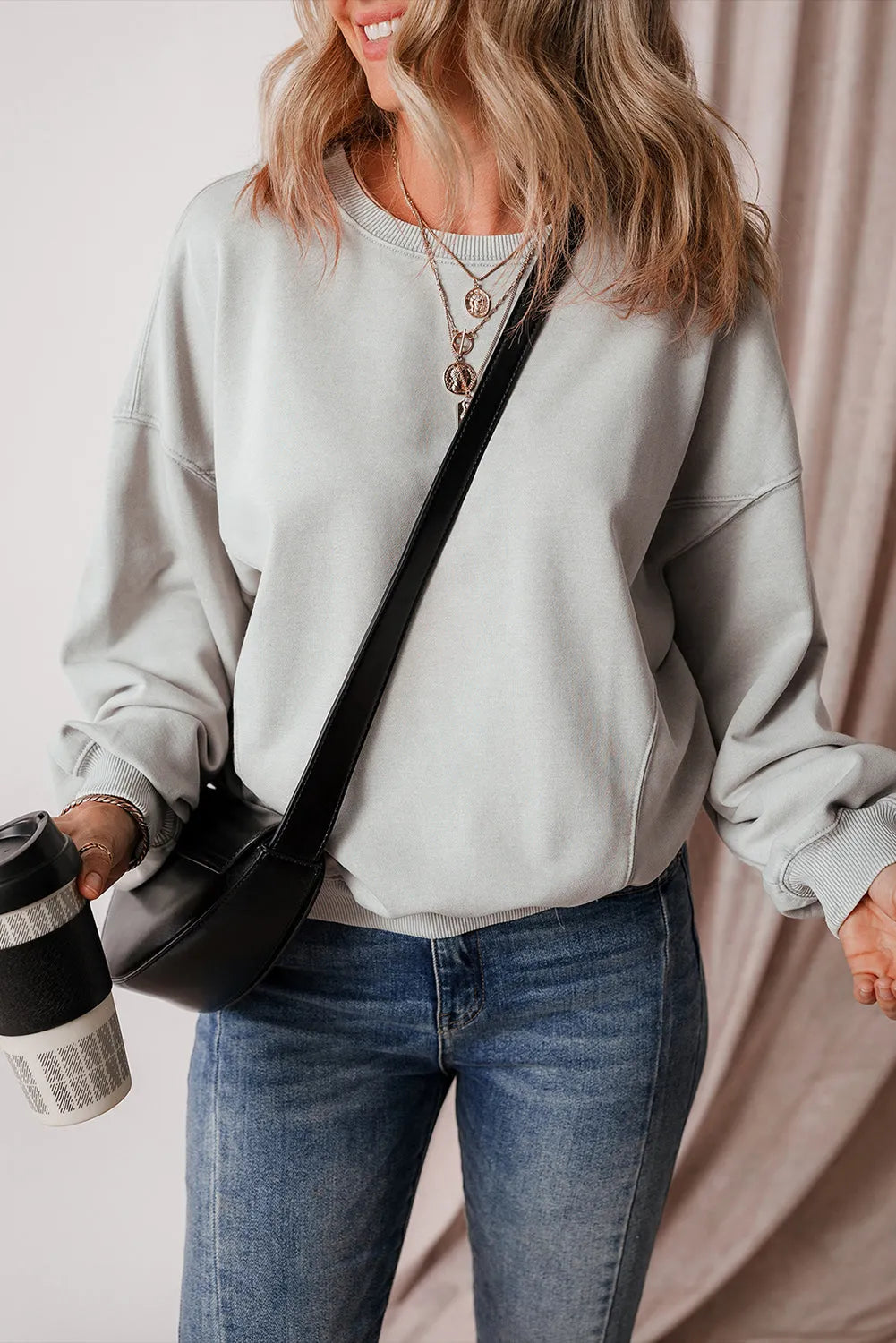 Gray Exposed Seam Batwing Sleeve Drop Shoulder Sweatshirt - Chic Meadow Boutique 