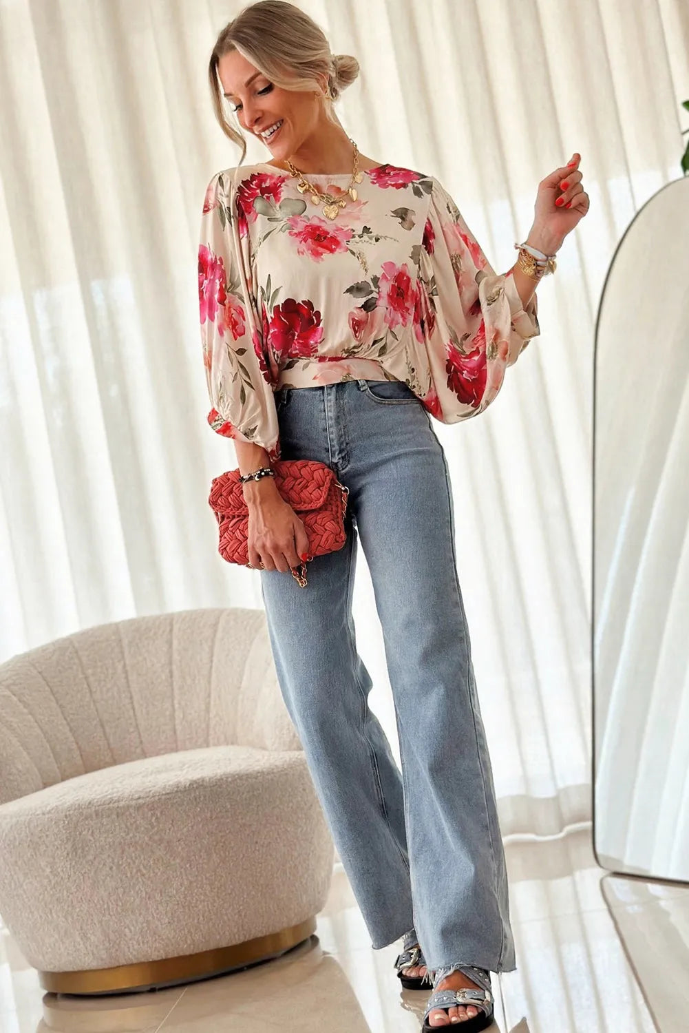 Rose Floral 3/4 Sleeve Lace-up Back Blouse - Chic Meadow Boutique 