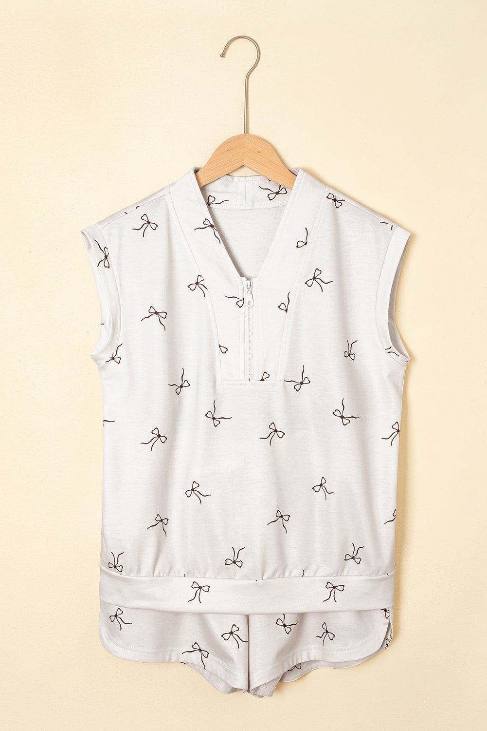 Beige Bow Print Half Zip Tank and Shorts 2pcs Set