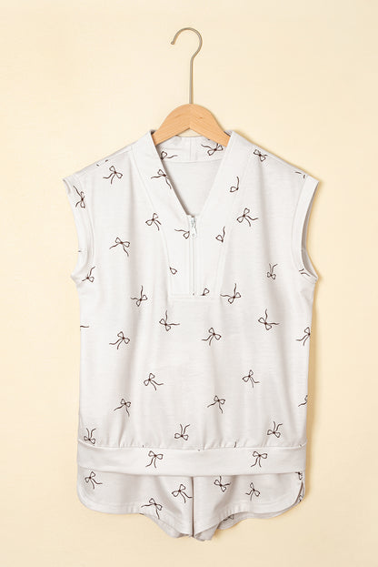 Beige Bow Print Half Zip Tank and Shorts 2pcs Set