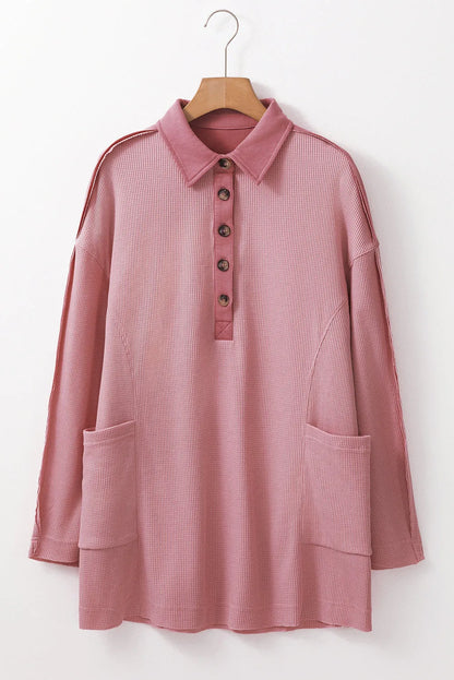 Pink Waffle Long Sleeve Collar Half Button Loose Top - Chic Meadow Boutique 