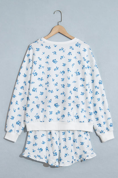 Sky Blue Floral Print Long Sleeve Top Elastic Waist Ruffle Hem Shorts 2pcs Set