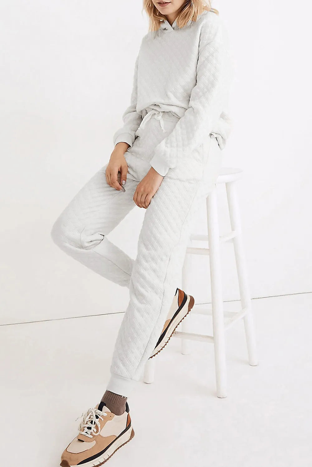 White Quilted Hoodie and Sweatpants Two Piece Set - Chic Meadow Boutique 