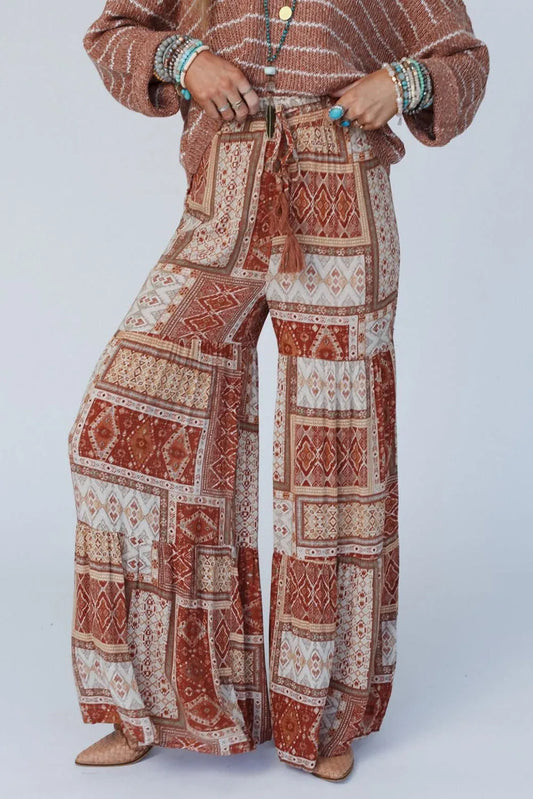 Brown Boho Aztec Print Tiered Palazzo Pants - Chic Meadow Boutique 