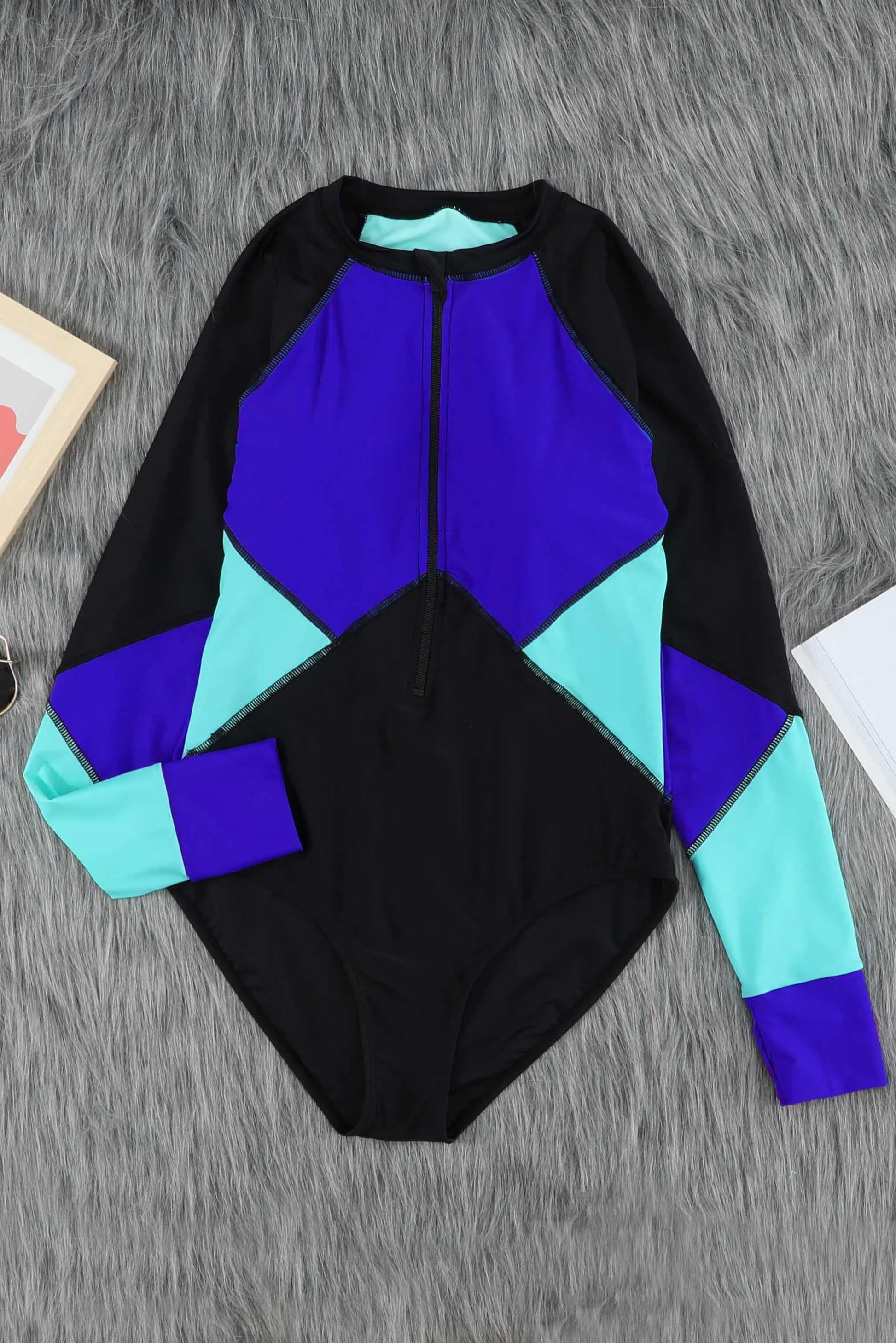 Blue Color Block Zipper Long Sleeve Rash Guard Swimwear - Chic Meadow Boutique 