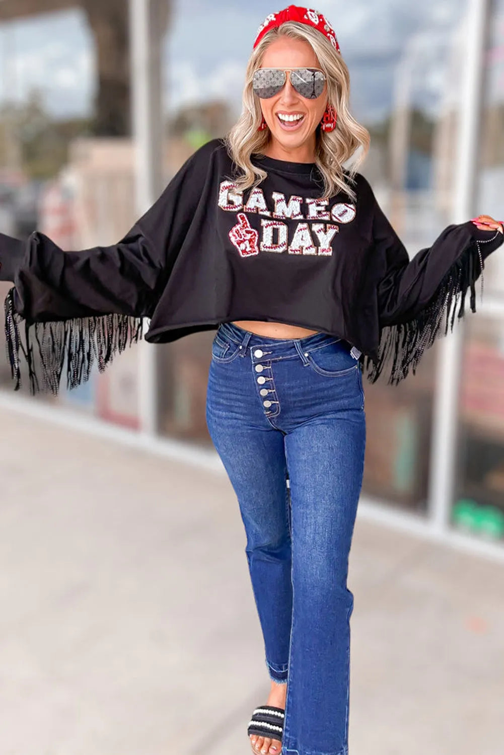 Black GAME DAY Rugby Sequined Tasseled Cropped Sweatshirt - Chic Meadow Boutique 