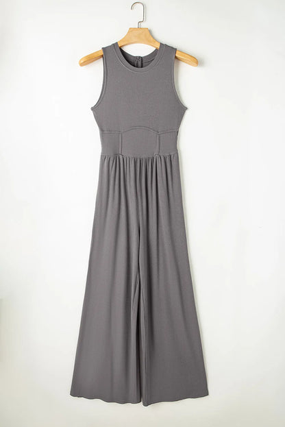 Medium Grey Cinched Waist Sleeveless Wide Leg Jumpsuit - Chic Meadow Boutique 