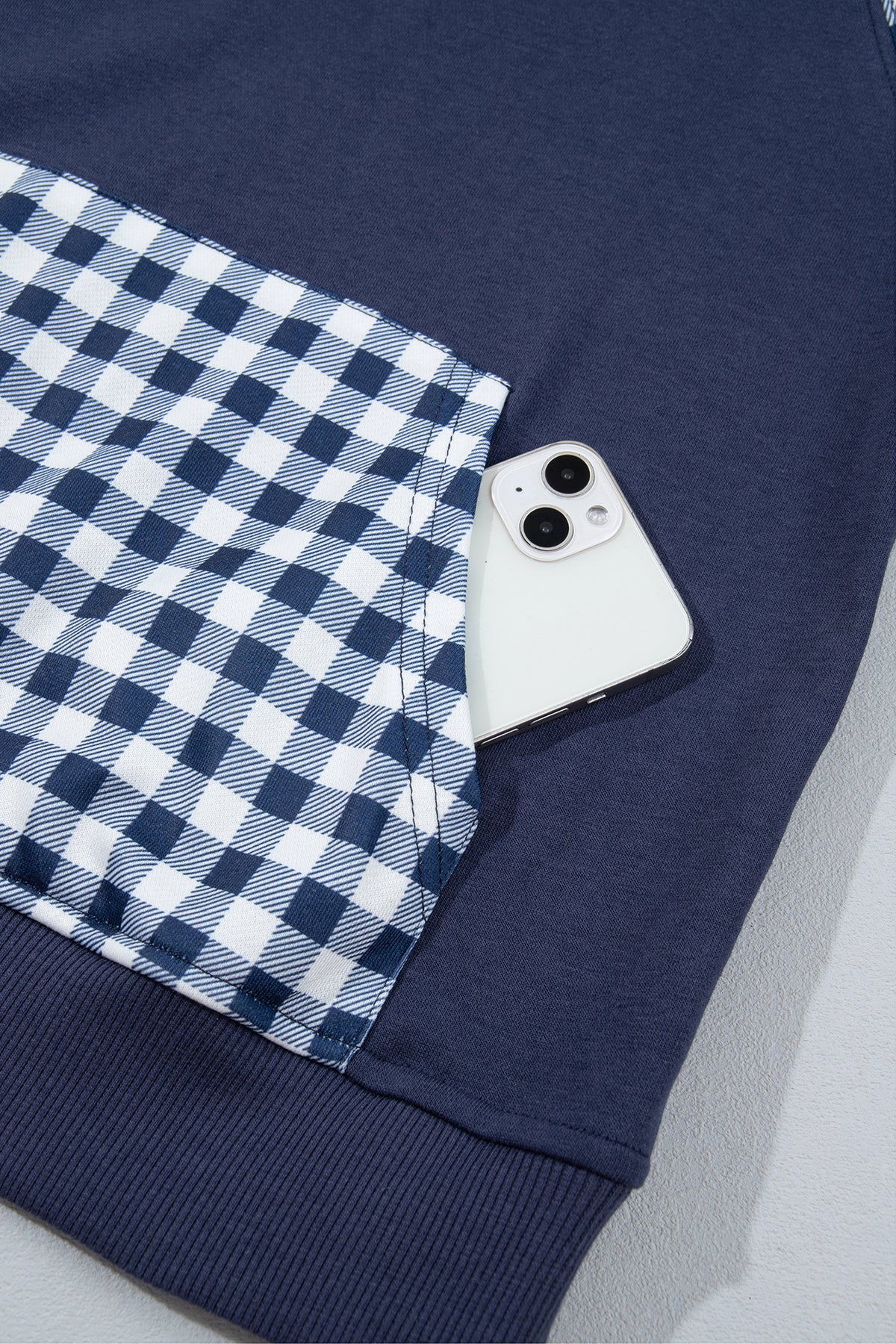 Navy Blue Patchwork Plaid Pocket Quarter Zip Sweatshirt