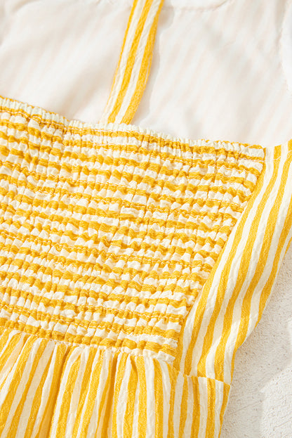 Yellow Stripe Shoulder Tie Smocked Back Wide Leg Casual Romper
