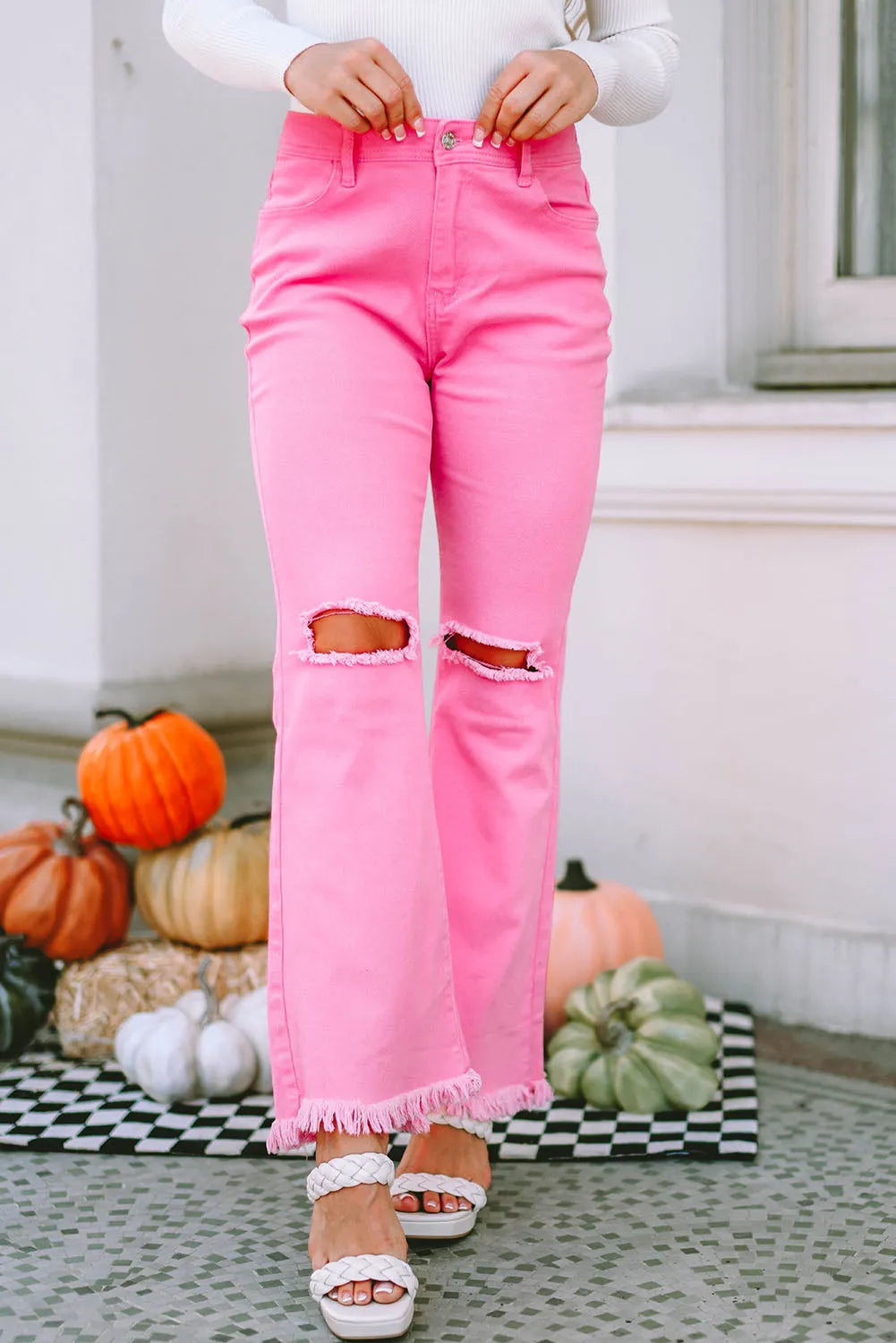 Pink Vintage High Waist Flare Leg Ripped Raw Hem Jeans - Chic Meadow Boutique 