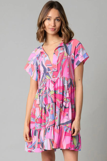 Pink Abstract Geometric Print Tassel Tie Flared Dress - Chic Meadow Boutique 