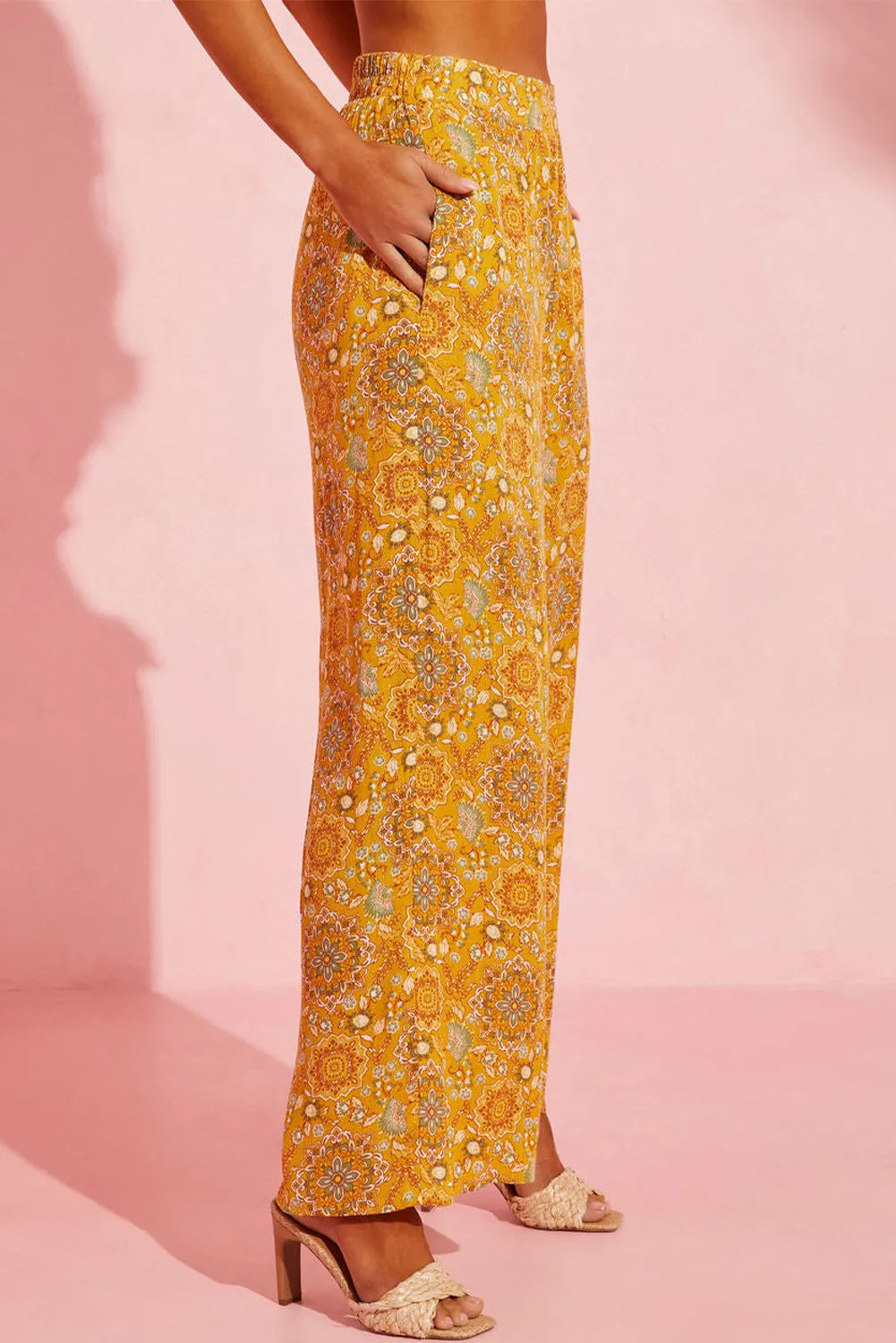 Yellow Bohemian Floral Print Pocketed Wide Leg Pants - Chic Meadow Boutique 