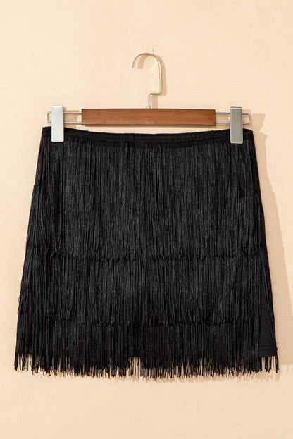 Black Tiered Fringe Trimmed Mini Skirt