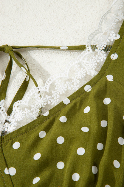 Green Polka Dot Print Lacy Neckline Smocked High Waist Maxi Dress