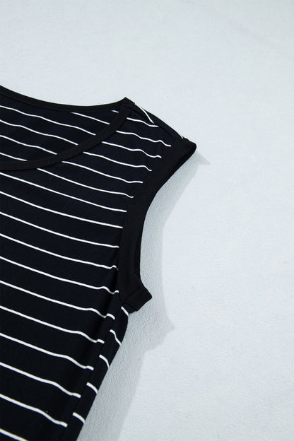 Black Stripe Drawstring Tunic Tank Mini Dress with Pockets