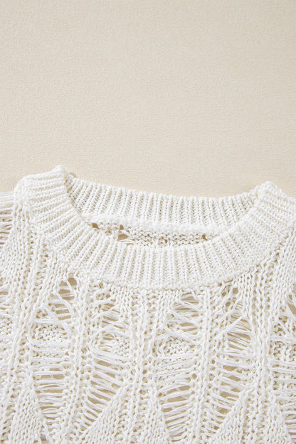 White Cut Out Crochet Crew Neck Loose Fit Sweater - Chic Meadow Boutique 