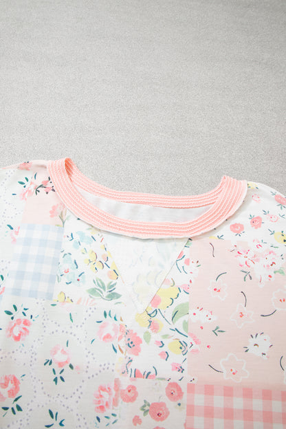 Pink Patchwork Floral Print Long Sleeve Tunic Plus Size Blouse