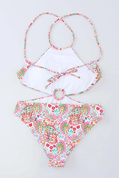 Multicolor Floral Print O-ring Lace-up Backless One Piece Swimsuit - Chic Meadow Boutique 