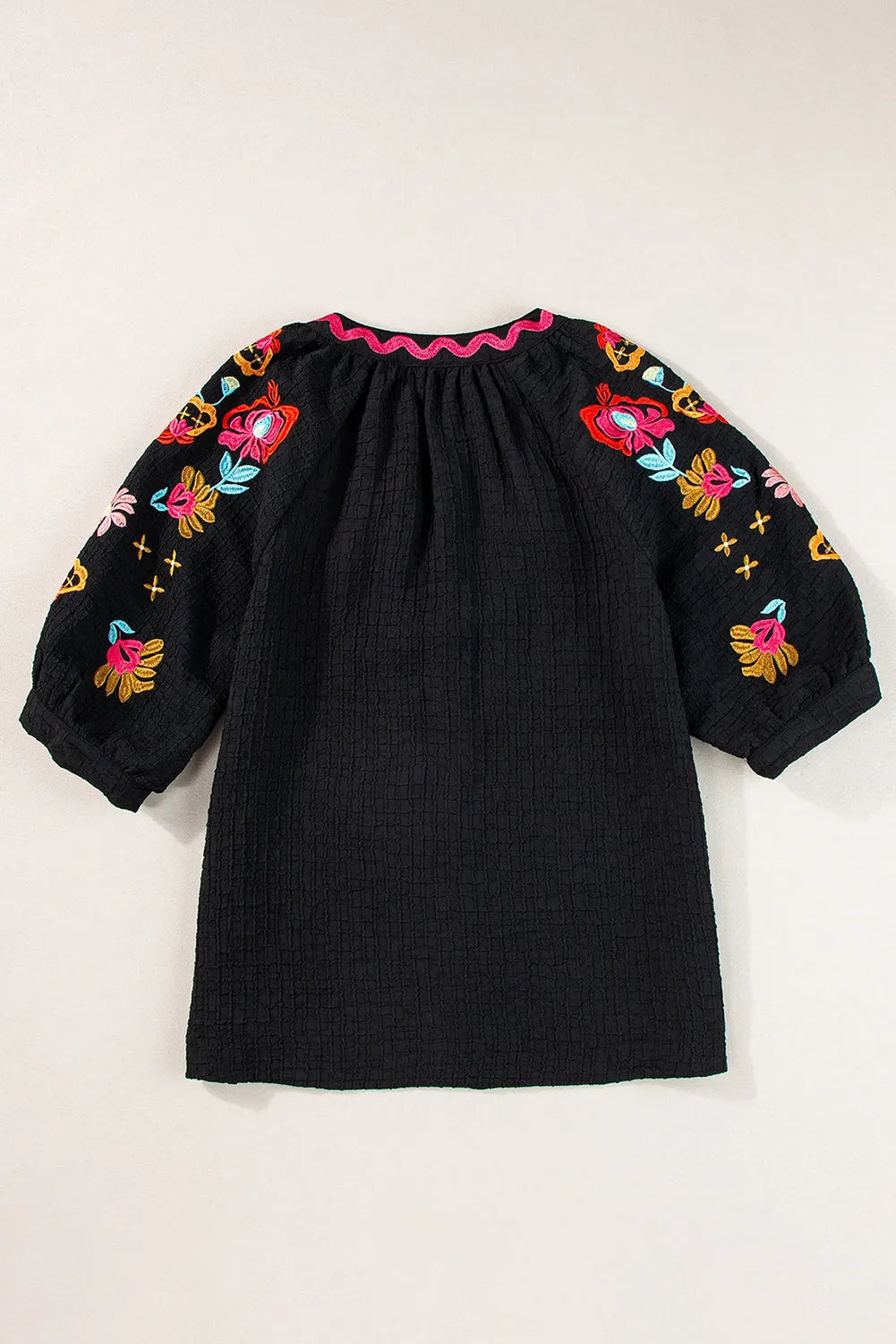 Black Floral Embroidered Ricrac Puff Sleeve Textured Blouse - Chic Meadow Boutique 