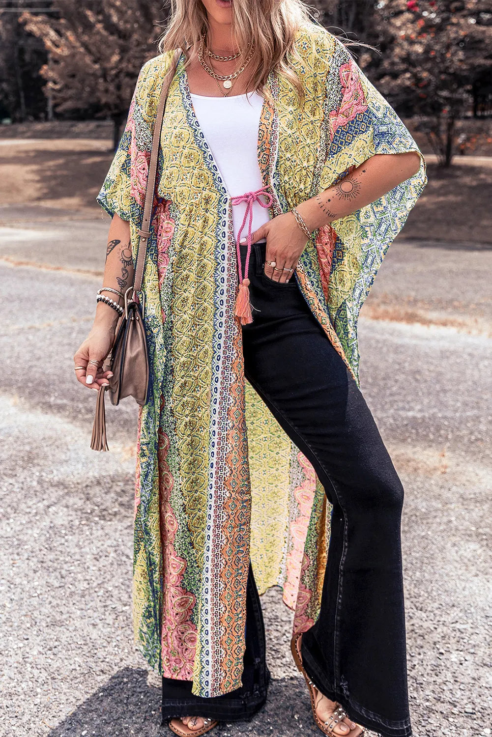 Pink Retro Printed Boho Duster Kimono - Chic Meadow Boutique 