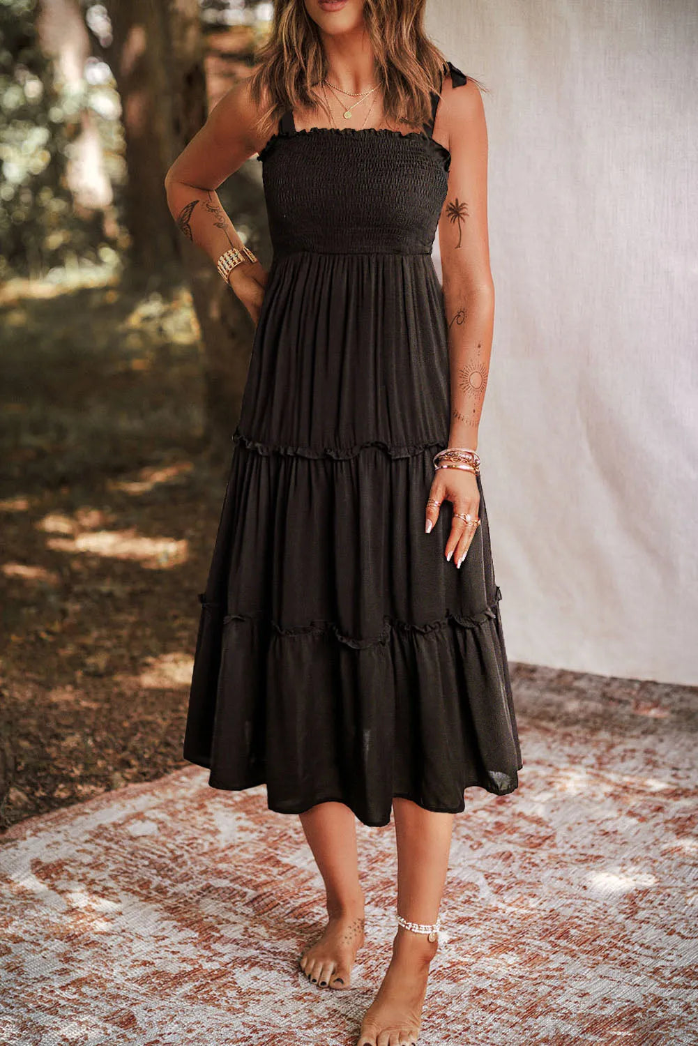 Black Tie Strap Smocked Frill Tiered Midi Dress - Chic Meadow Boutique 