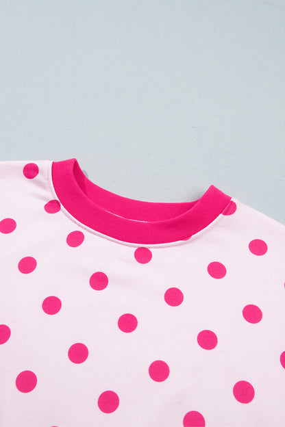 Pink Polka Dot Colorblock Round Neck Pullover Sweatshirt