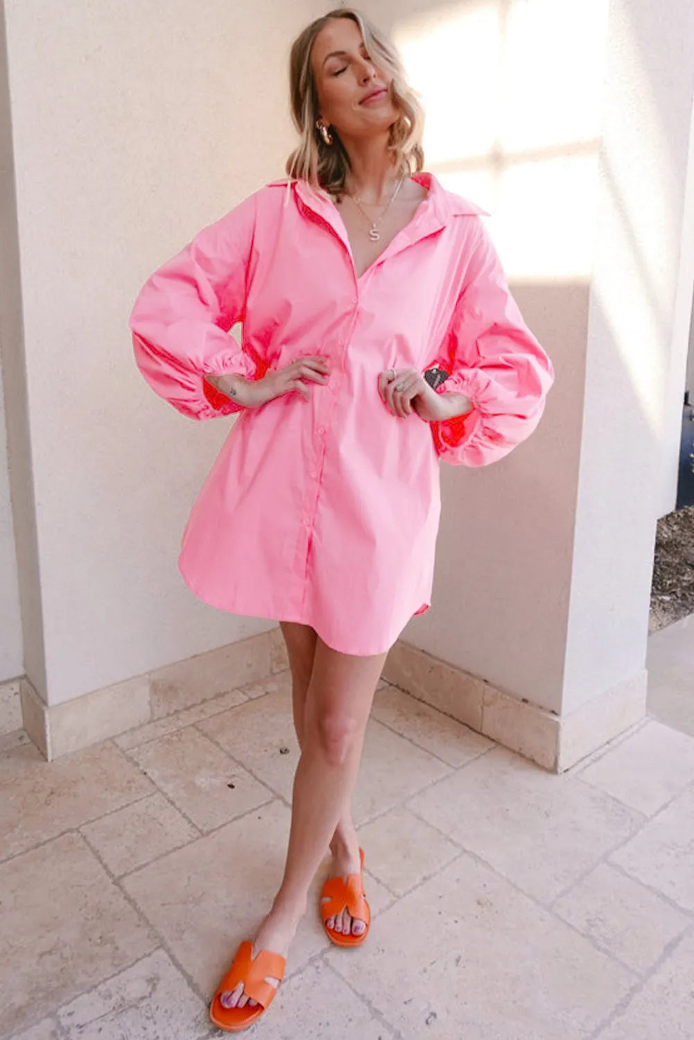 Bright Pink Balloon Sleeve Button Up Mini Shirt Dress - Chic Meadow Boutique 