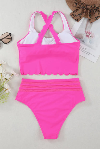 Rose Scalloped Criss Cross High Waist Bikini - Chic Meadow Boutique 