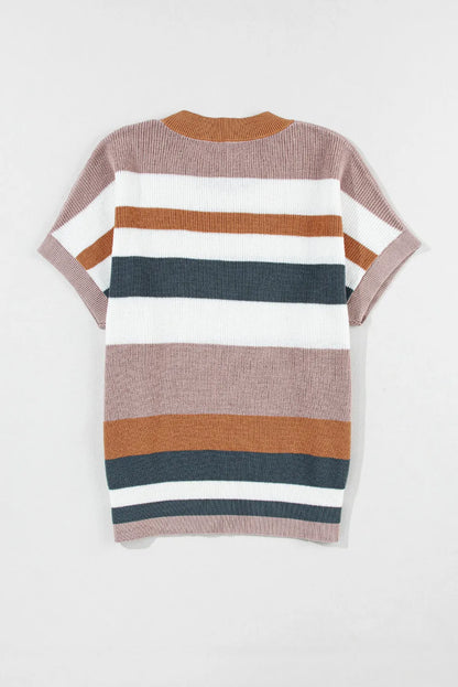 Camel Striped Knit Crew Neck T Shirt Sweater - Chic Meadow Boutique 