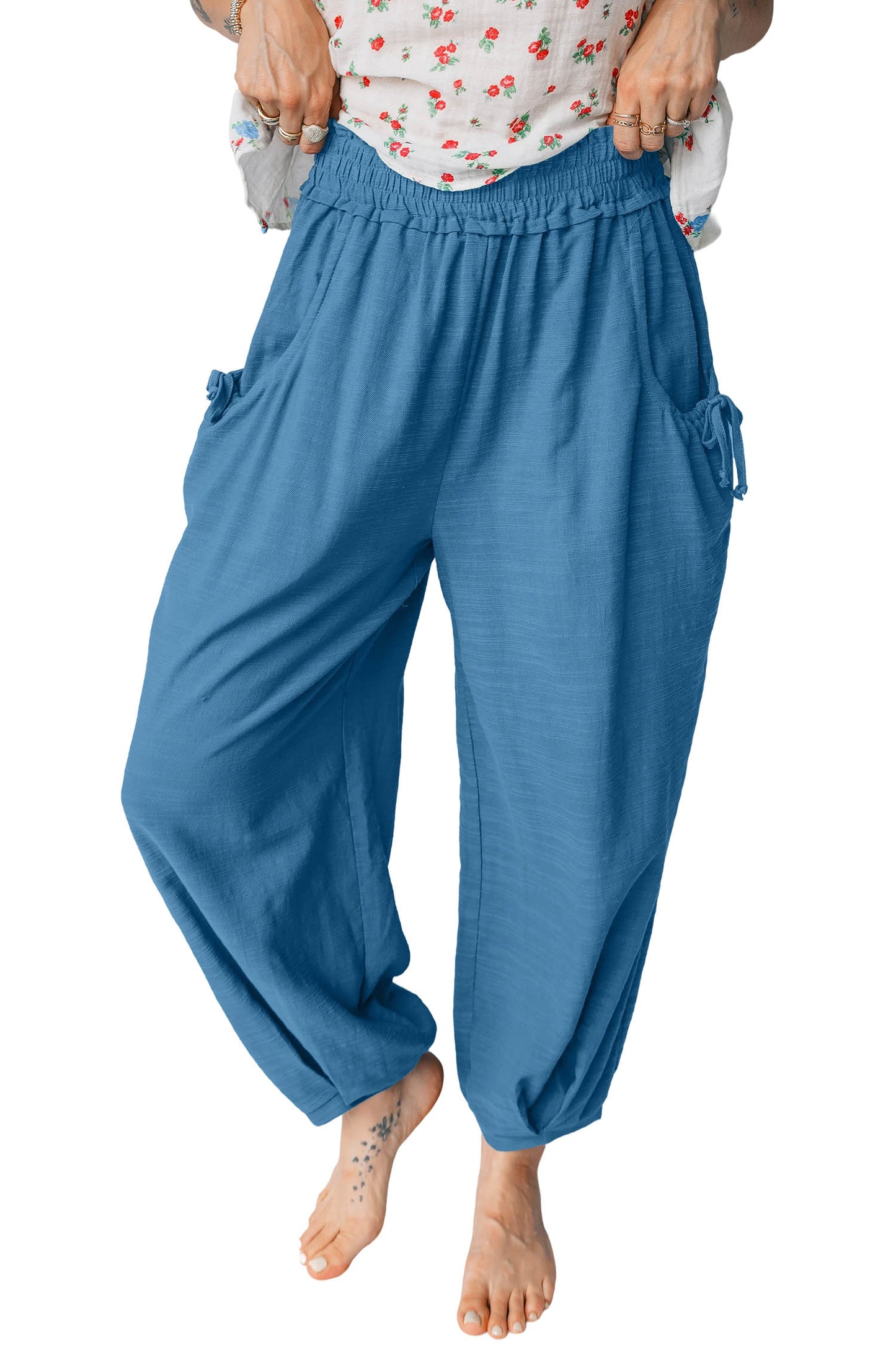 Prussian Blue Smocked Waist Casual Jogger Style Pants