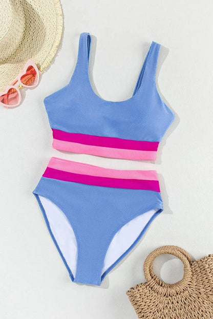 Swimwear/High Waisted Swimsuit Light Blue Colorblock High Waisted Bikini Swimsuit