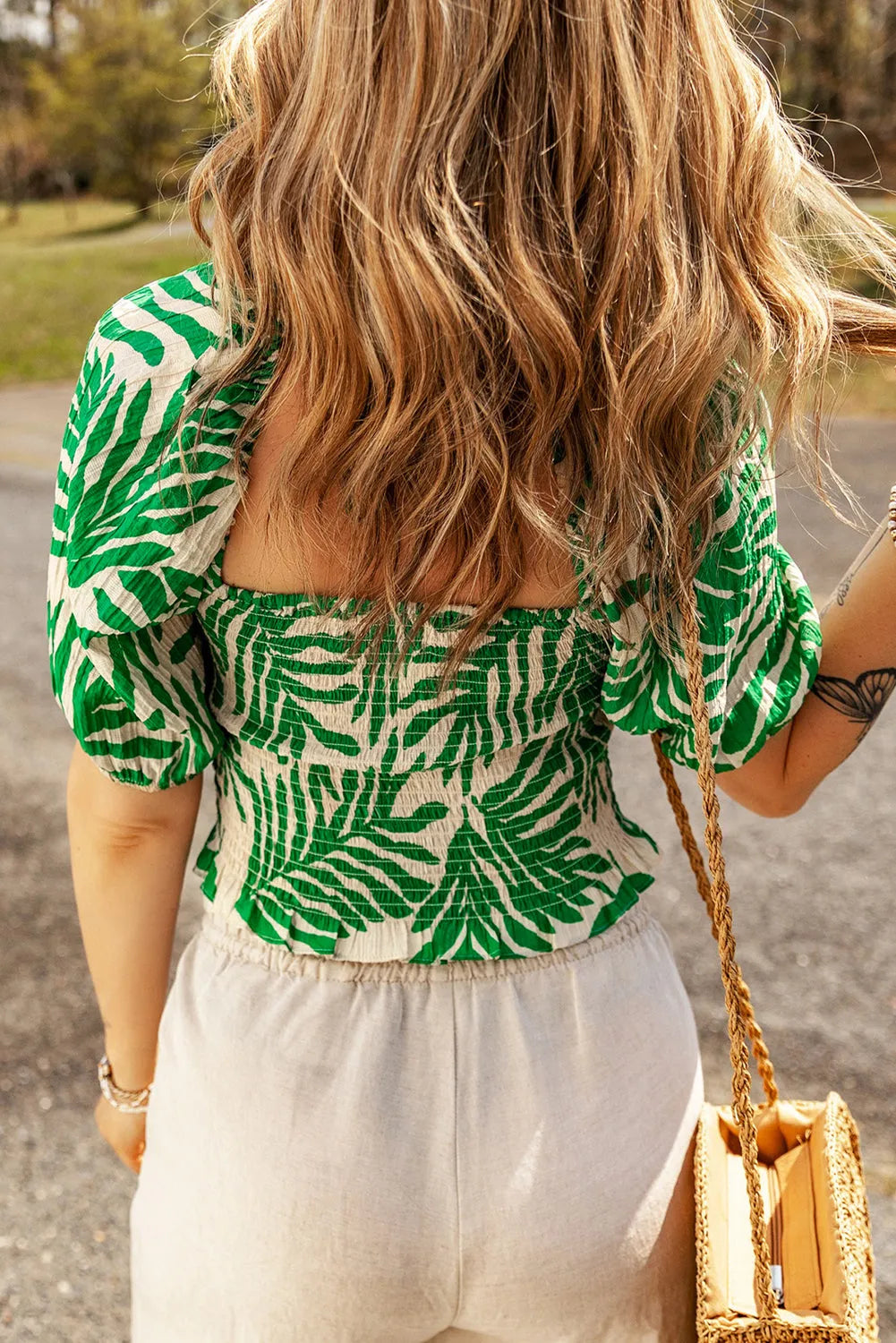 Dark Green Tropical Leaf Print Smocked Crop Top - Chic Meadow Boutique 