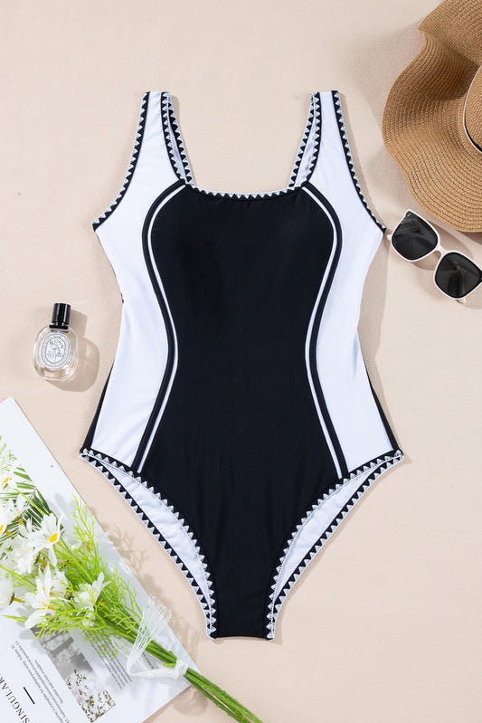 Black Color Block Ric Rac Trim U Neck One Piece Swimsuit