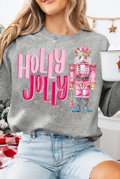 Graphic/Graphic Sweatshirts Gray HOLLY JOLLY Nutcracker Print Crew Neck Christmas Sweatshirt