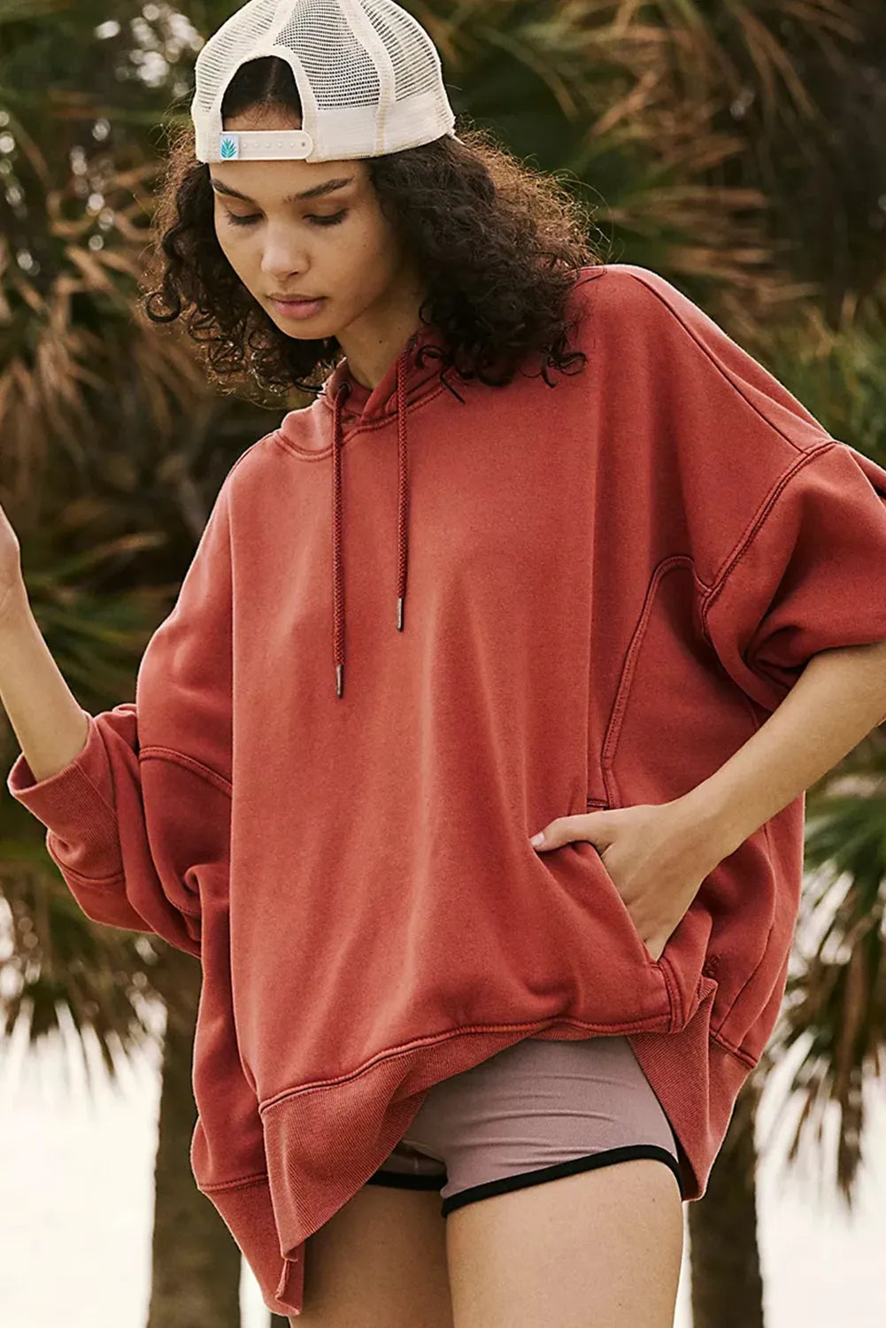 Red Clay Drop Shoulder Pocketed Baggy Drawstring Hoodie - Chic Meadow Boutique 