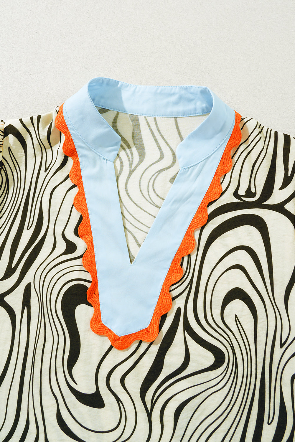 White Zebra Stripe Print Contrast V-Neck Ricrac Detail Short Sleeve Blouse Top