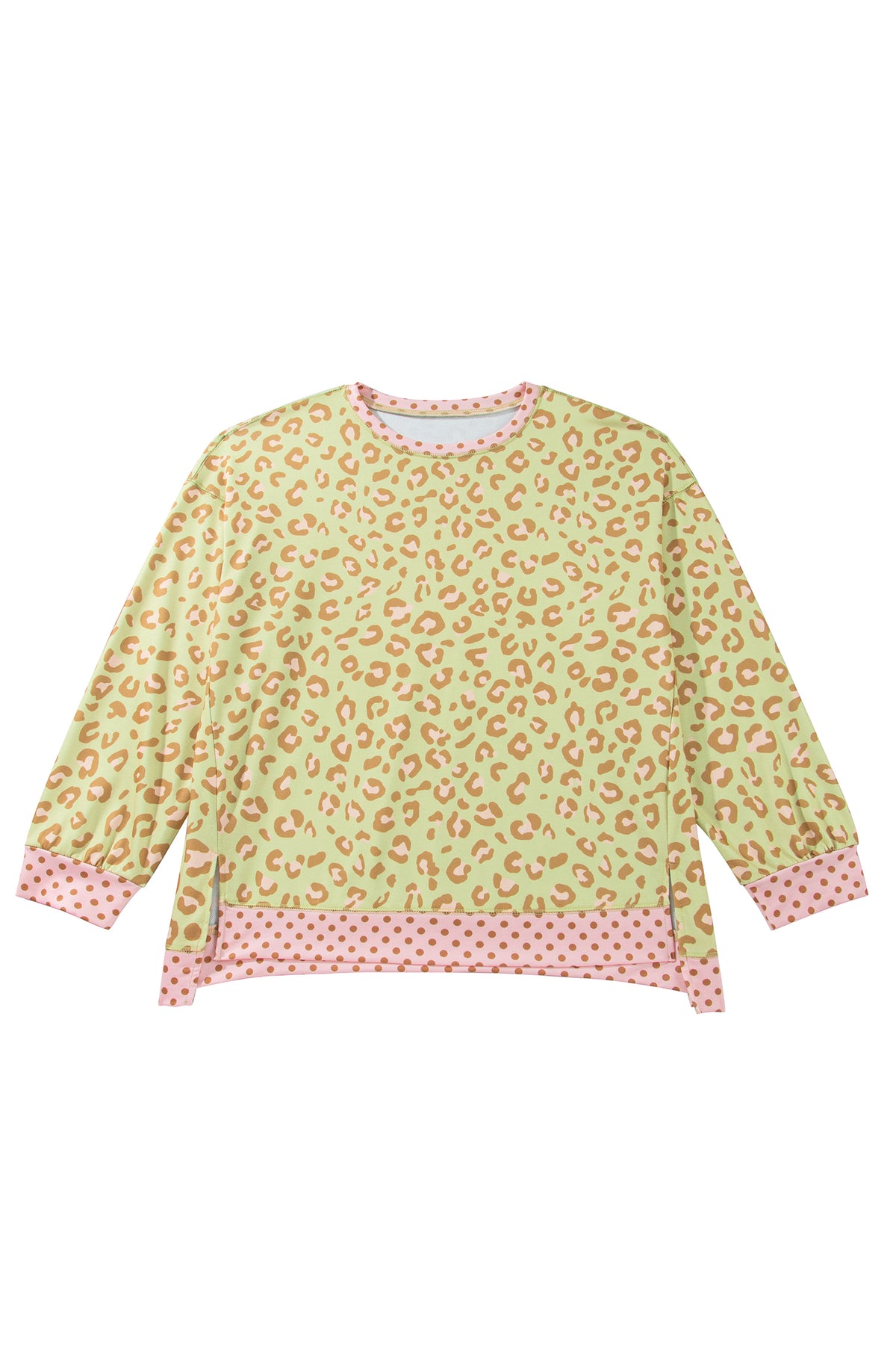 Khaki Plus Size Leopard Print Contrast Polka Dot Trim Long Sleeve Top