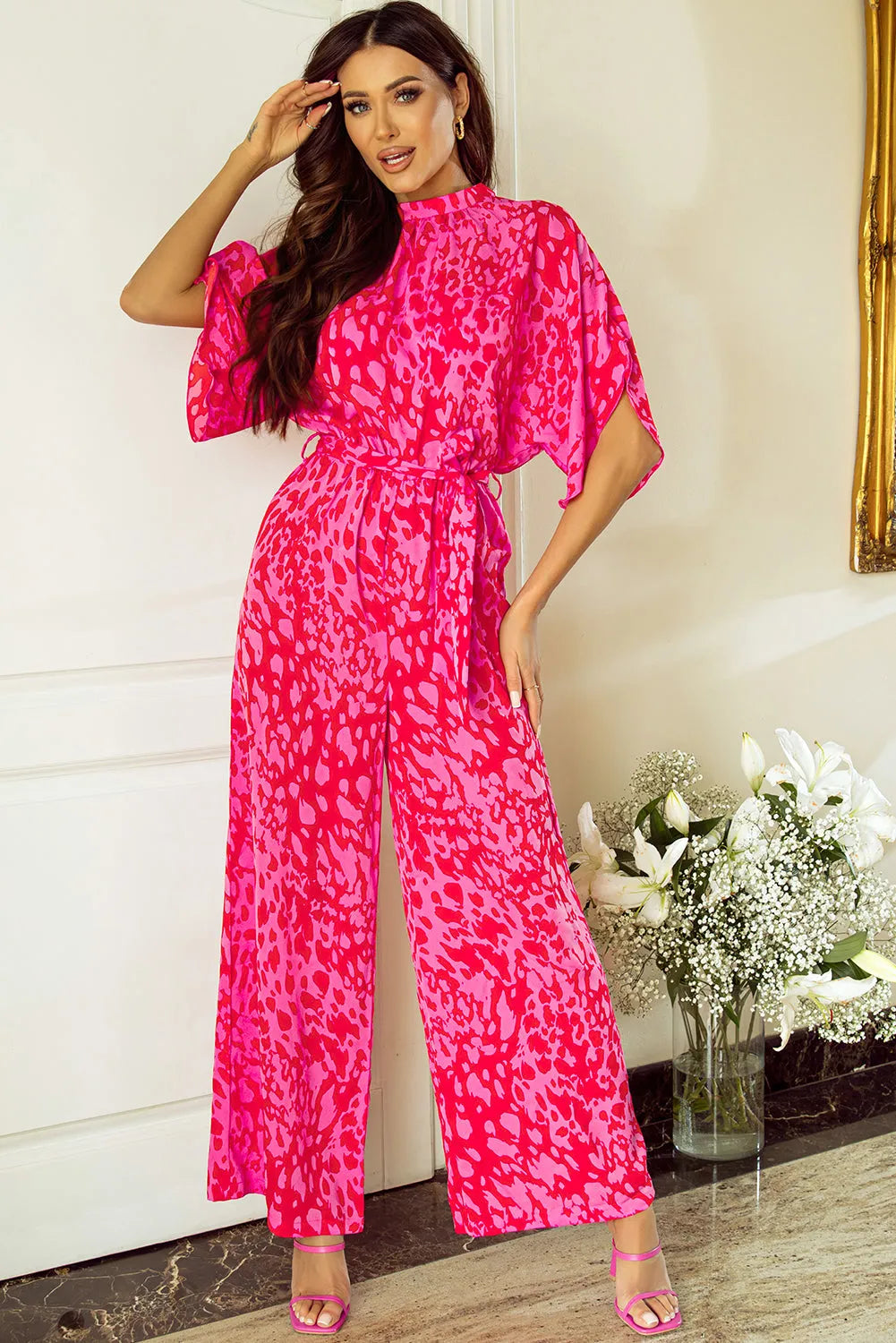 Rose Leopard Loose Sleeve Belted Wide Leg Jumpsuit - Chic Meadow Boutique 